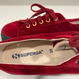 Red velvet  black sole Superga wedge sneakers.
Size 38